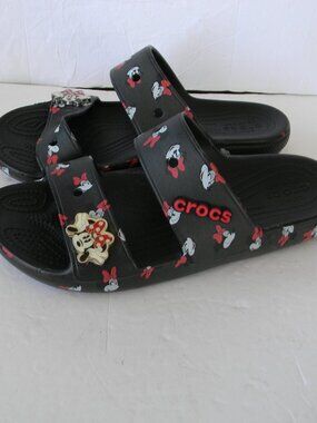 Disney Crocs BLACK/RED Minnie Mouse 2 Strap Sandals W11 M9 MINNIE CHARM